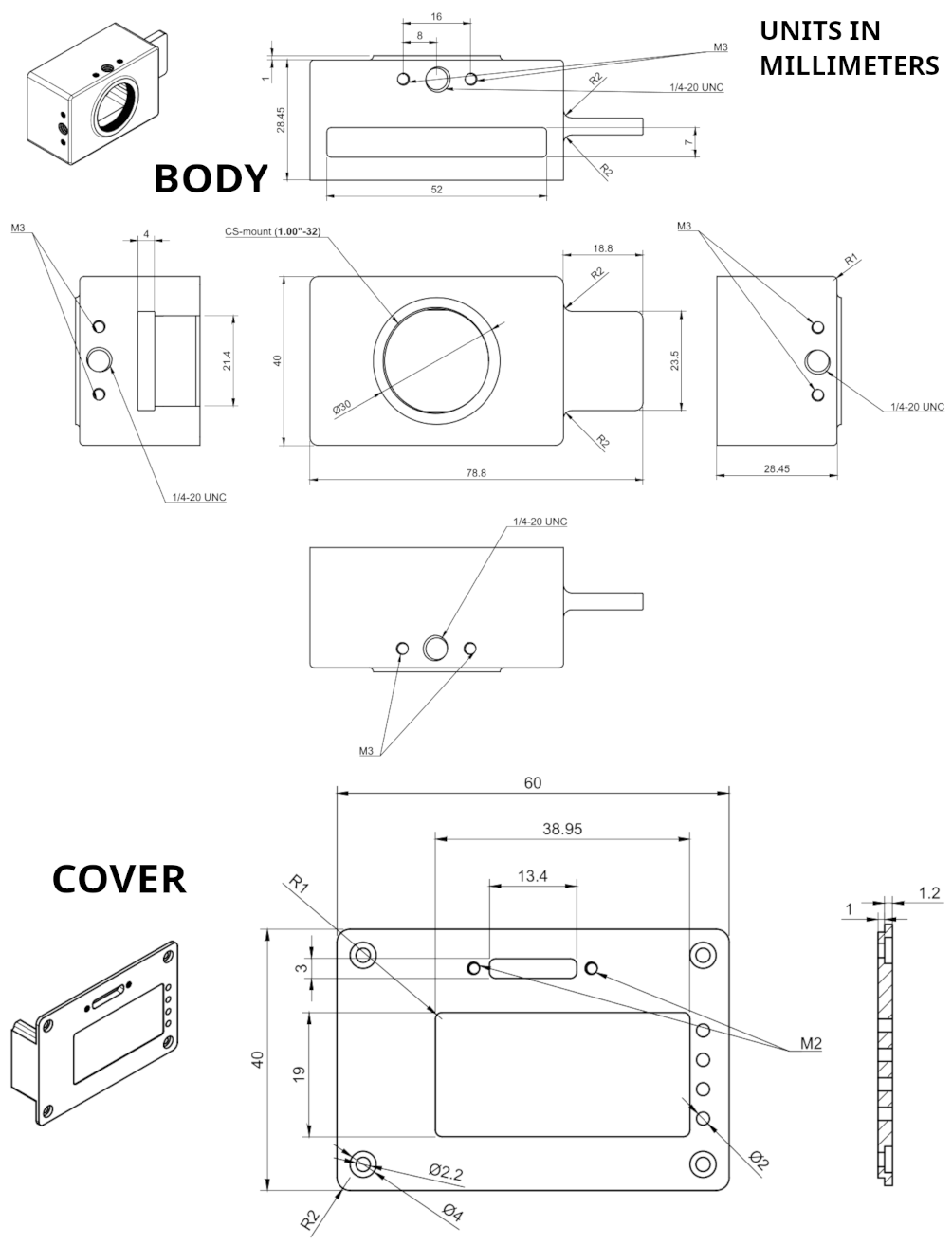 Dimensions of the DAVIS 346 AER camera case